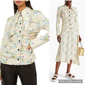 GANNI Floral-Print Ruched Crinkled-Satin Shirt Women’s 34 XS Cream Collar